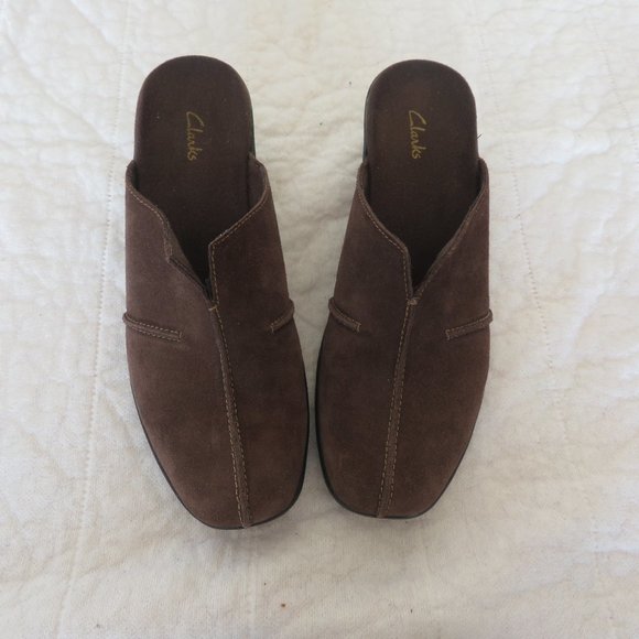 Clarks Shoes - Women's Clarks Brown Suede Leather Clogs Mules Slip Ons